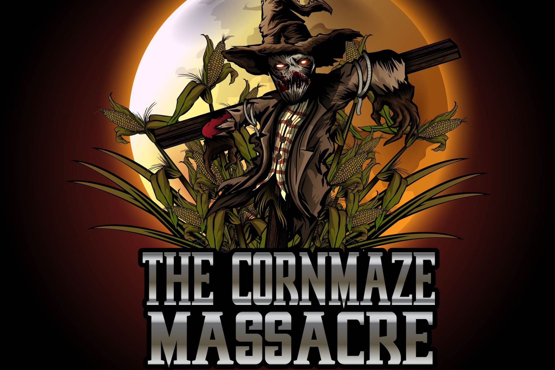 Cartoon image of a dark, scary looking scarecrow against a full moon and black sky.