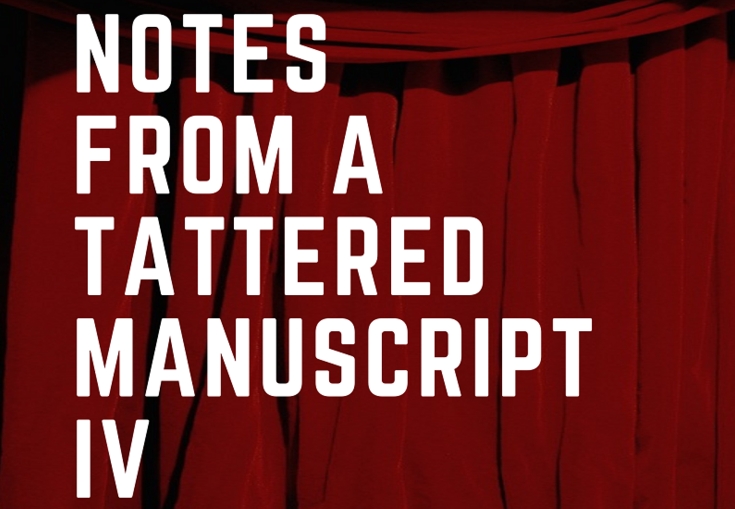 Block white event text against dark red curtains.