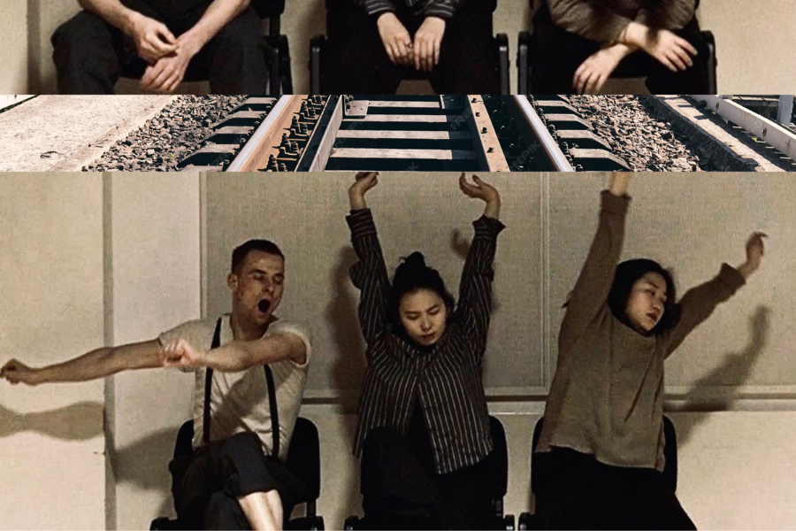 Station of Echoes – Fluid Tracks - Line of 3 seated people stretching in different directions