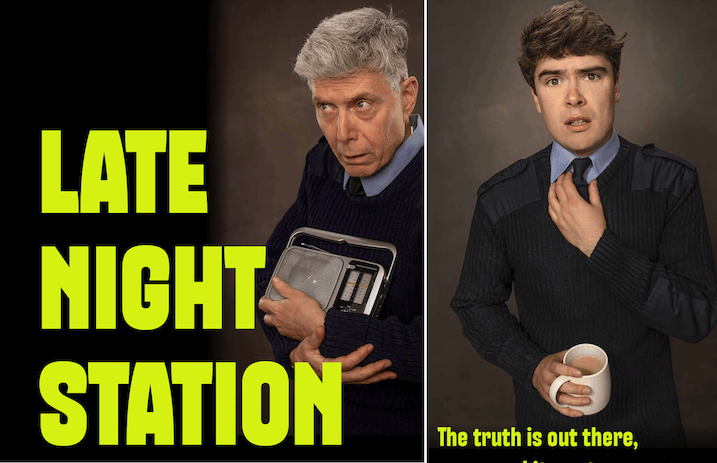 Part of poster with 2 men wearing security guard uniforms looking shocked or weary.
