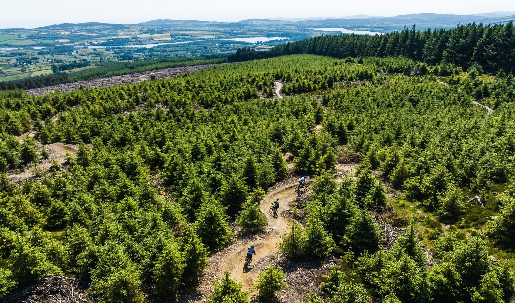 An aerial view of mountain bikers on a trail surrounded by trees