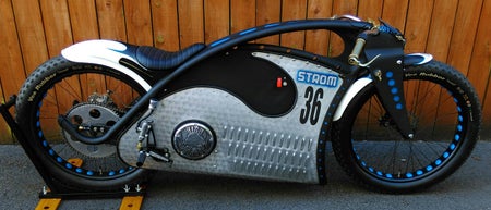 A customised motorcycle with flame art design at Bike on Board