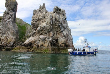 A small passenger boat sailing past some cliffs