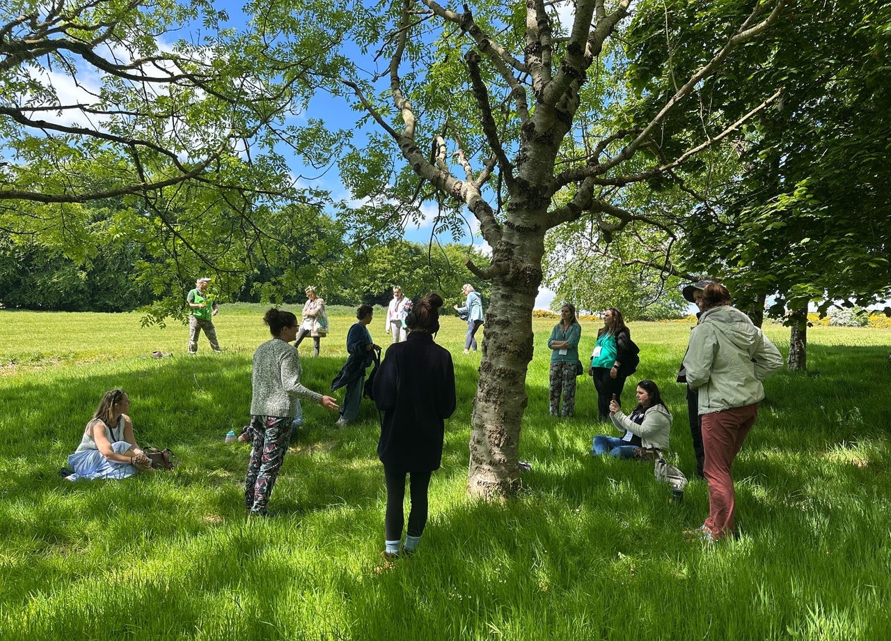 A group of people standing by a large tree