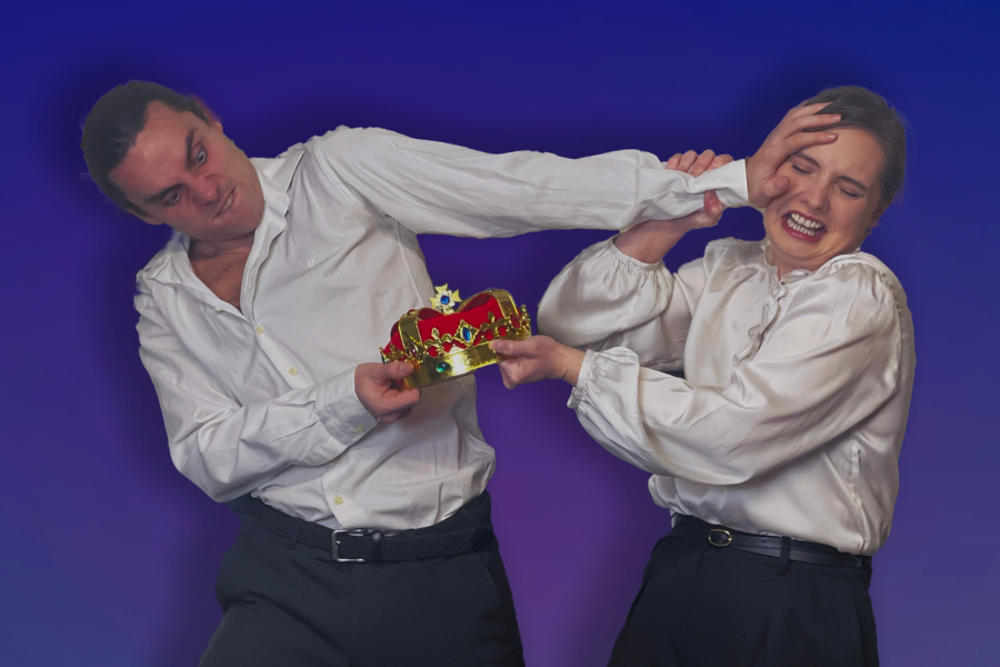 2 people both holding a small gold crown fighting against each other