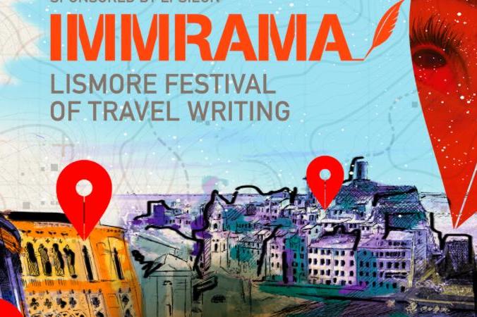 Drawn images of ancient buildings and towns with google map type red location markers scattered about.