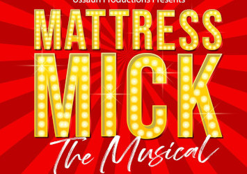 Large, bright yellow event text against red star burst background.