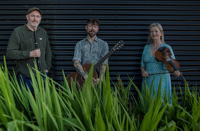 Three musicians standing in a line each holding a musical instrument with large, green blades of grass in the foreground.