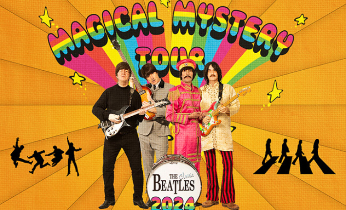 4 men in different outfits, some guitars with rainbow coloured text
