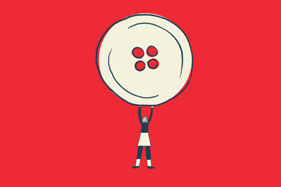 Based on Mary Norton’s beloved adventure novels, THE BORROWERS follows the fortunes of the tiny Clock Family. A tiny figure of a person holding up over their head a very large button, in black and cream against red background.