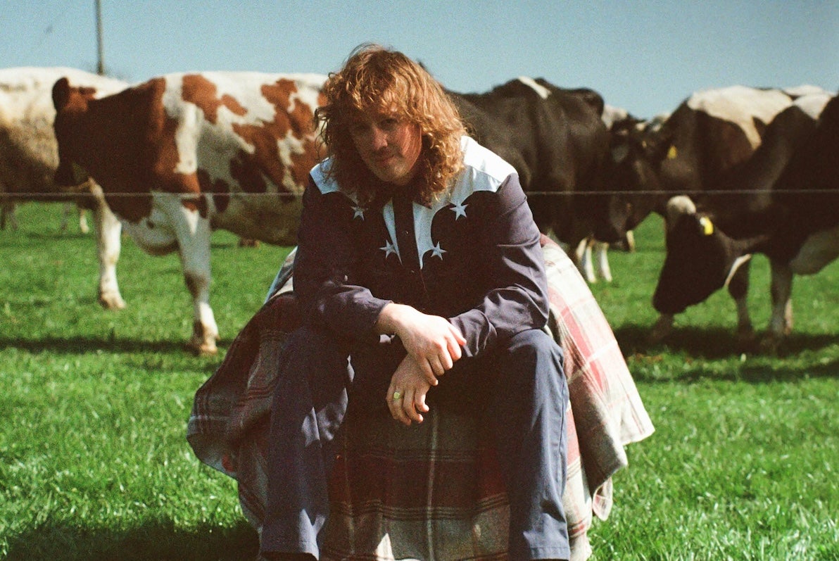 Kean Kavanagh - a man in country style shirt is seated in a field with cows behind.