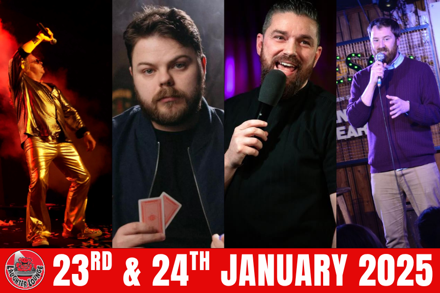 4 different pictures of comedians holding mics.