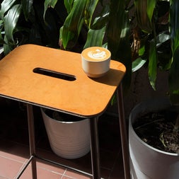 A cup of coffee sitting on a small wooden side table surrounded by indoor plants