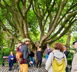 Walking tour group gathered beside a large tree