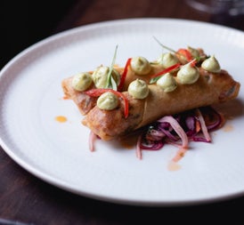 Plated appetiser featuring crispy spring rolls topped with sauce and served with vegetables