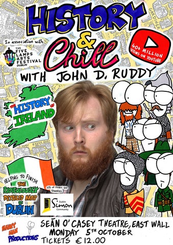 A photo of John D Ruddy surrounded by an illustration of Ireland,an Irish flag and little men with large eyes wearing historical costumes, behind John is a map of Dublin
