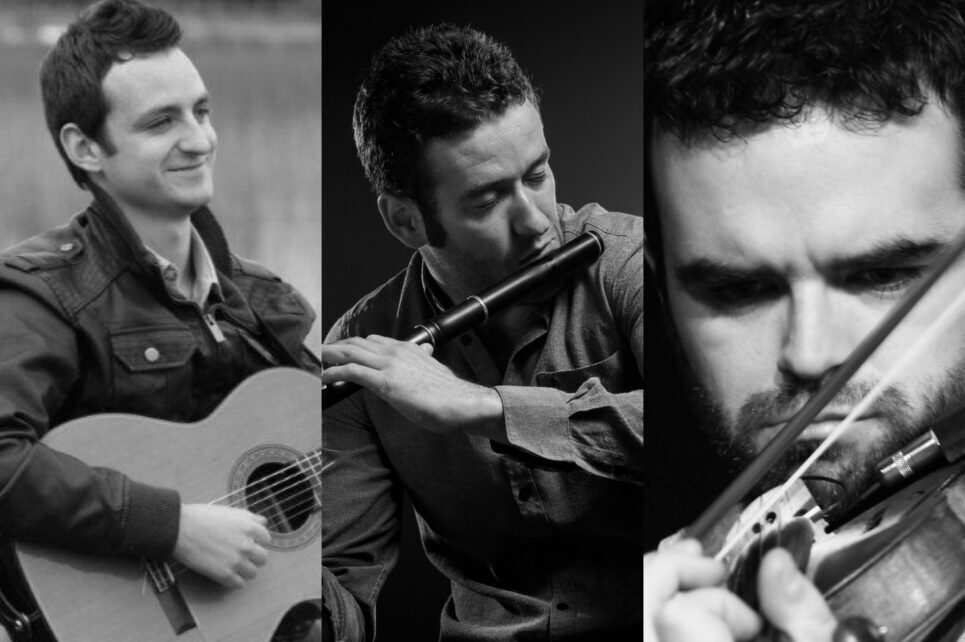 3 separate photos in black and white of men playing musical instruments.