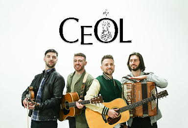 Ceol live in the INEC Club. 4 men with various musical instruments in a line smiling, against plain white background.