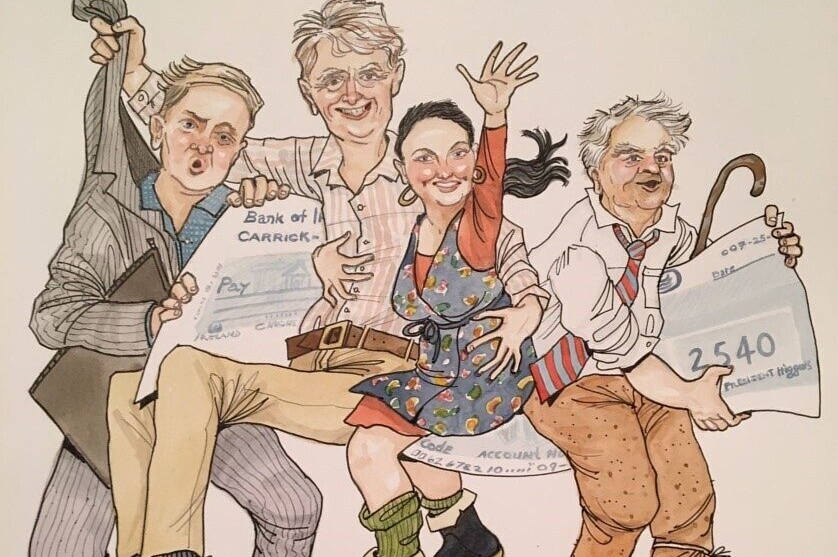 Drawn cartoon image of a group of people all intertwined, some holding papers.