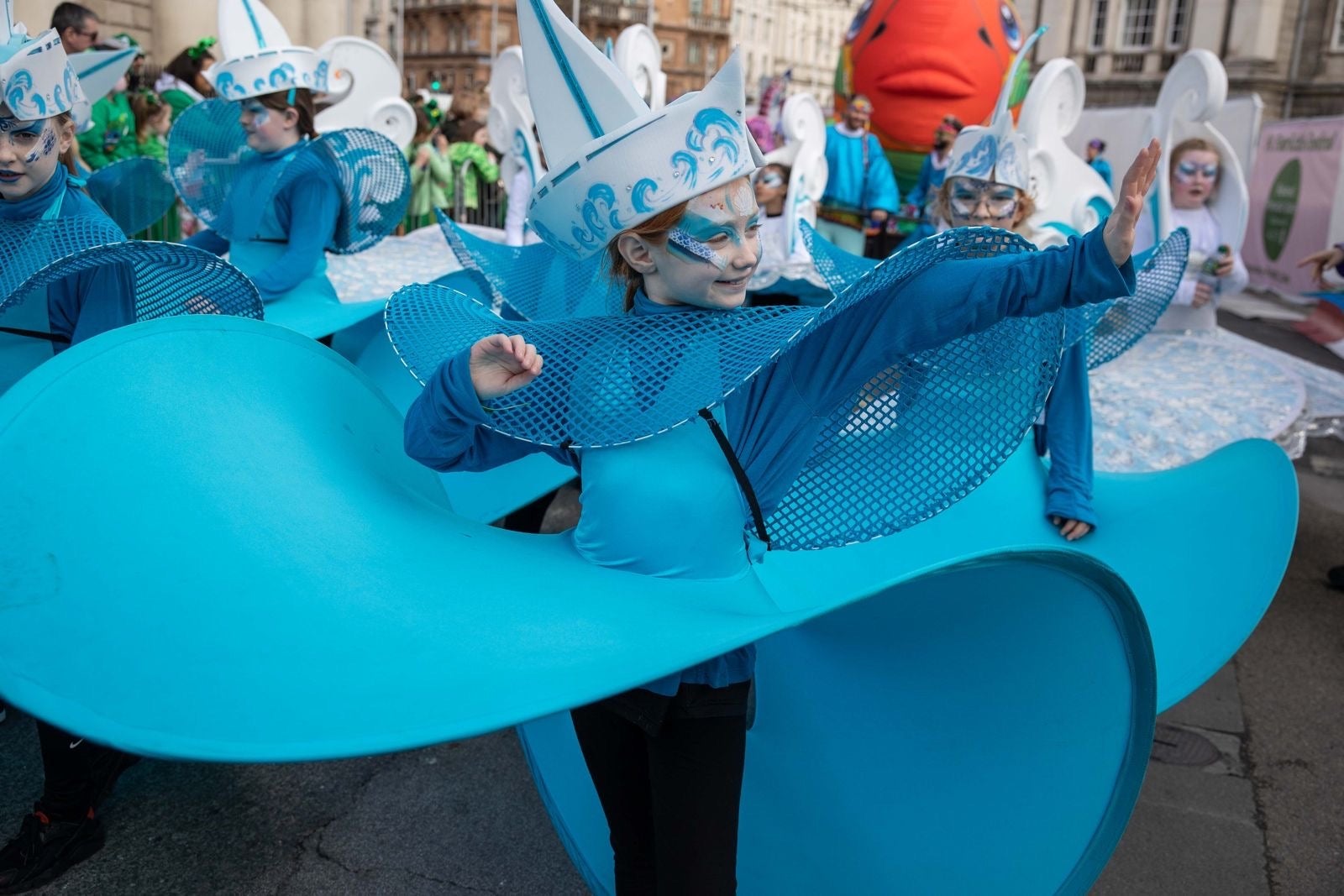 A child performing at the 2024 St Patrick's Day Festival in Dublin city