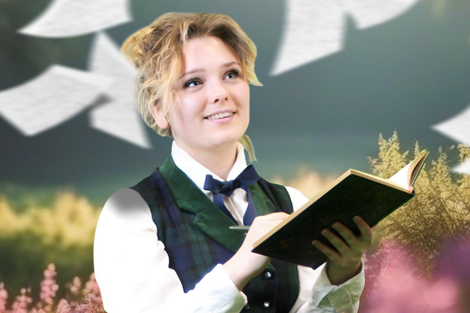 A woman in white shirt and dark waistcoat and bow tie is holding a open book and pen, looking slightly upwards, smiling.