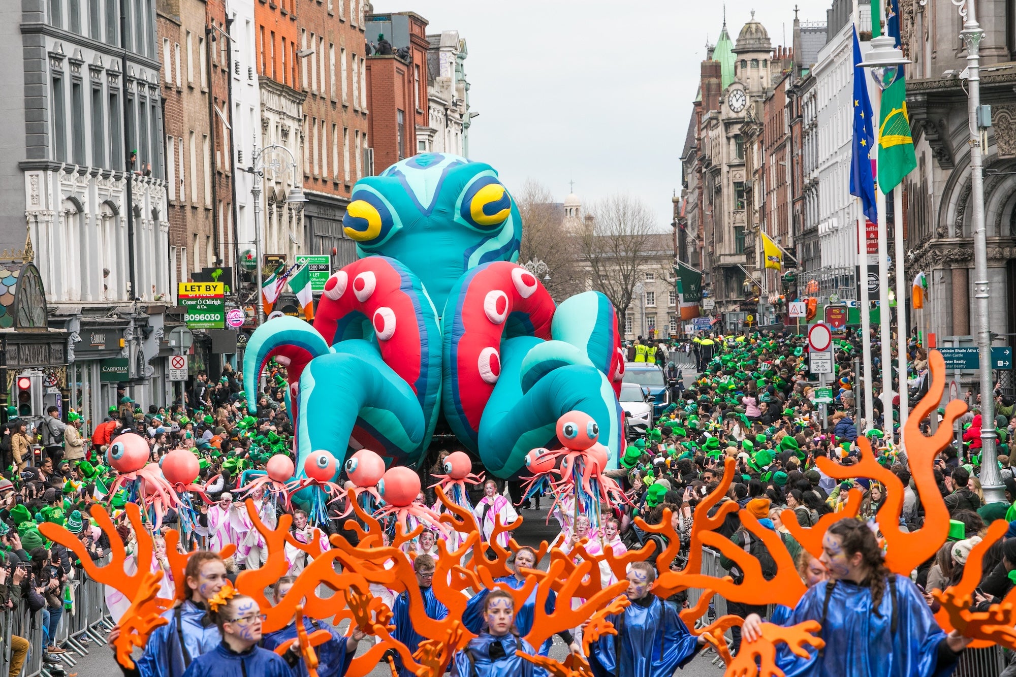 Performers and floats in the 2025 St Patrick's Day parade in Dublin city