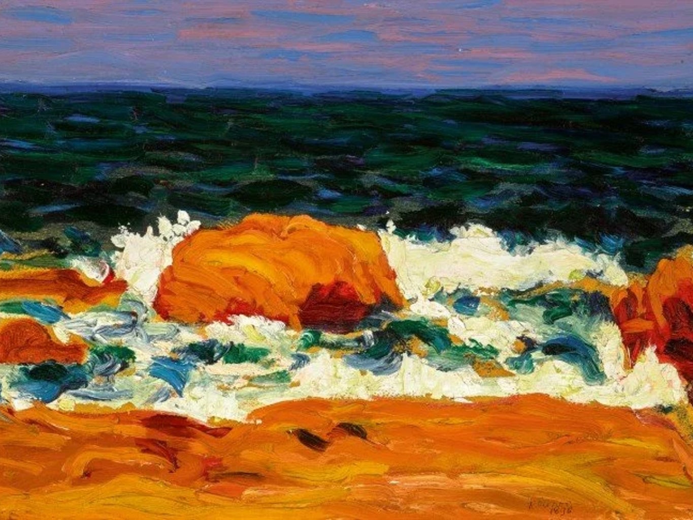 A painting of waves breaking on a shore.
