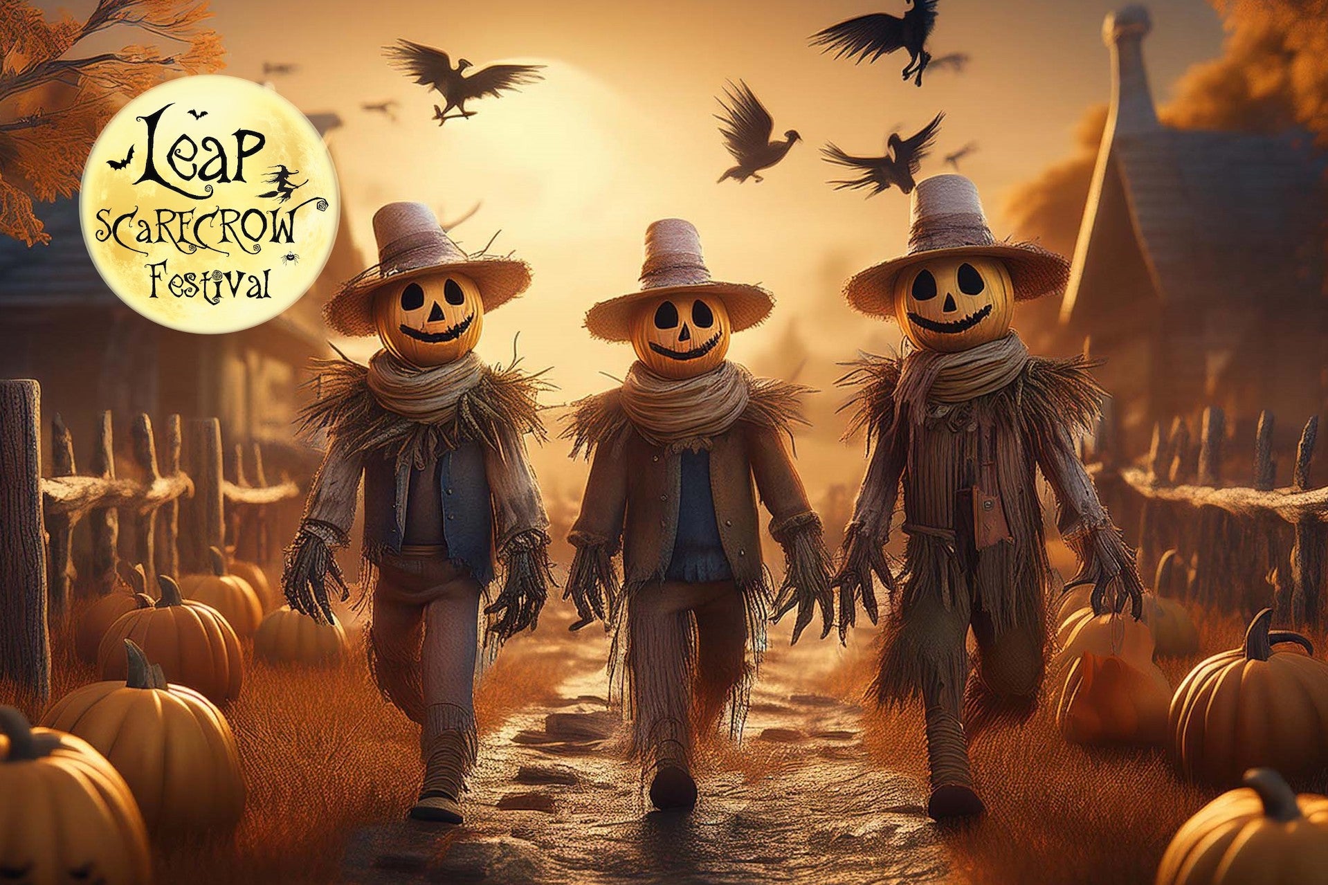 Brown and orange image of 3 people with pumpkin heads walking along a road with pumpkins either side in a village.