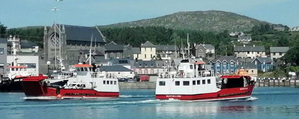 A view of two red and white coloured ferries passing each other in the village harbour