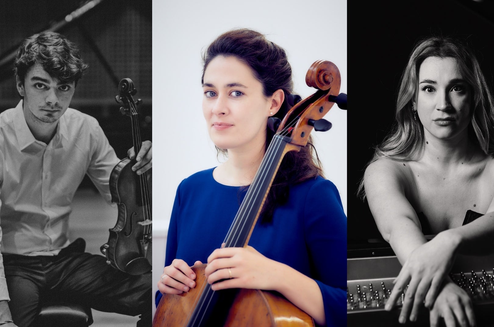 Eoin Ducrot with a violin, Aoife Burke with a cello and Chiara Opalio at a piano.