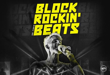 Block Rockin Beats - Dec Pierce, black and white image of man singing into mic he's holding with bright yellow text above.