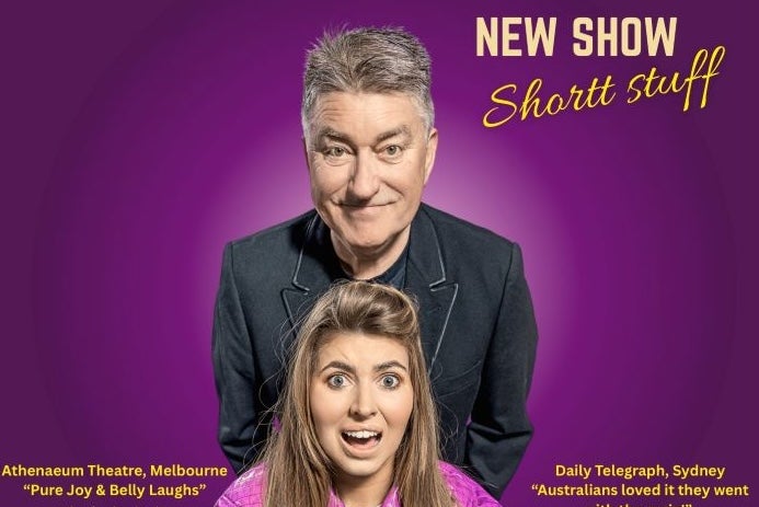 Shortt Stuff with Pat and Faye Shortt, a grinning man standing behind a woman with a shocked expression.