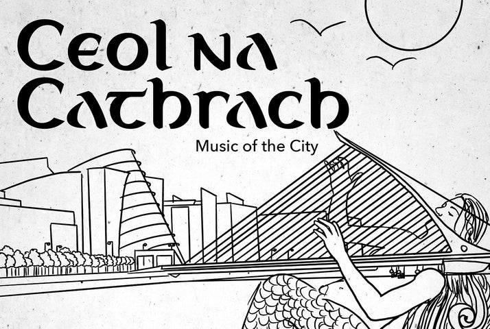 black & White illustration of a mermaid playing the Samuel Beckett Bridge like a Harp, she has long flowing hair and her tail is in the water.