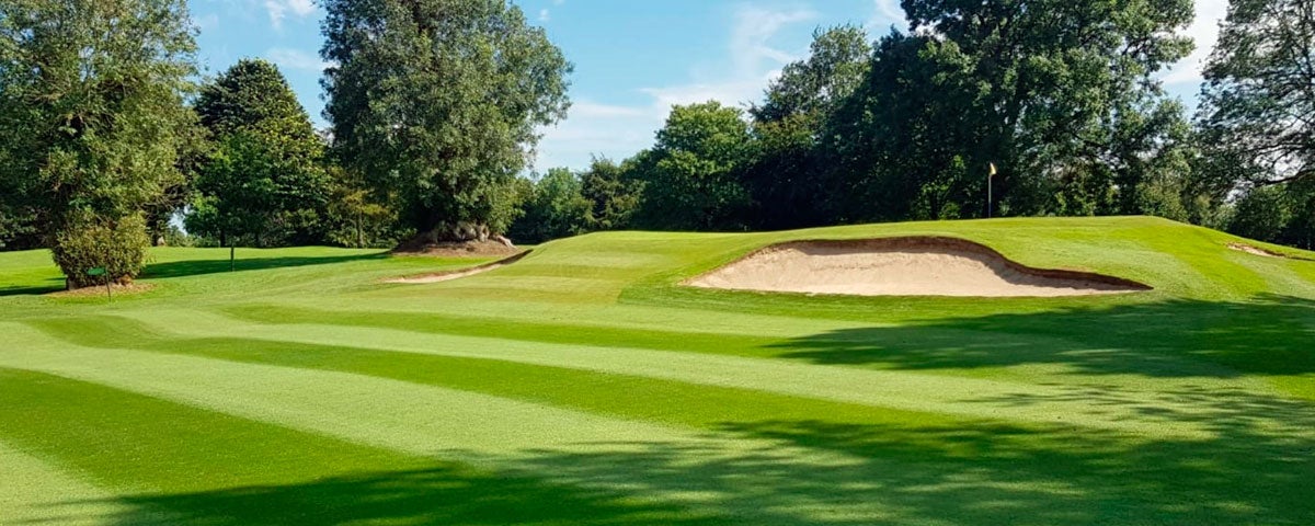 The golf course at Mullingar Golf Club with a sand dune in middle distance and trees in the background