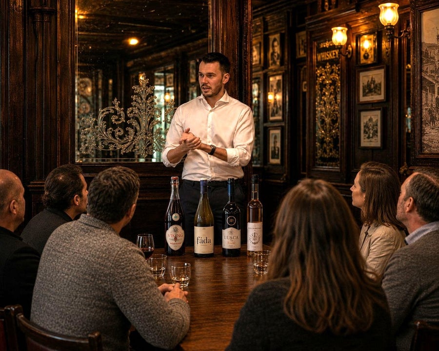A sommelier at a tasting of four different bottles of wine with a group of people