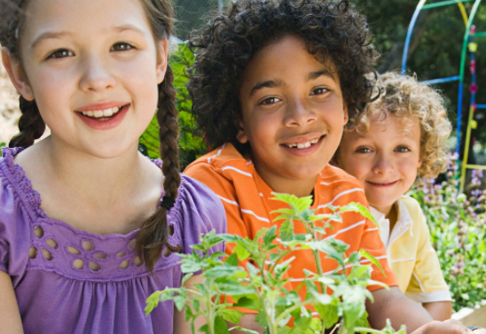 3 smiling young children, one holding green seedlings.