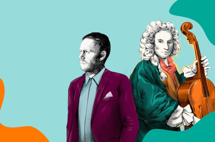 Recomposed by Max Richter: Vivaldi, colour pencil drawing of a man in modern jacket and shirt beside man in old style jacket and ornate wig holding a cello