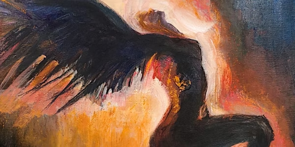 Festival Mná - drawing of figure arching backwards with large outstretched wings.