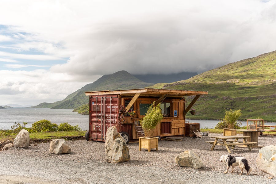 Food truck near the coast with a dog
