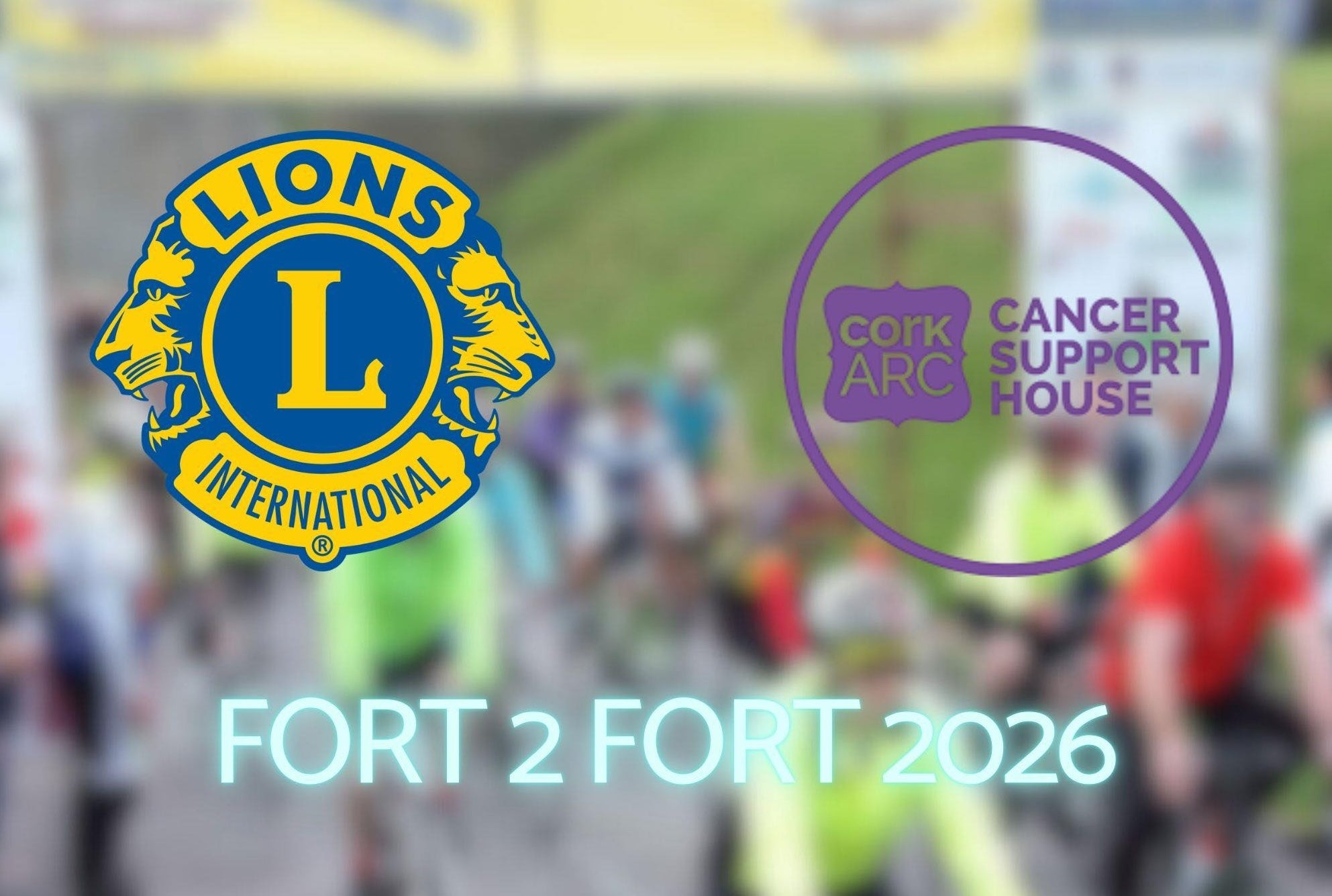 Fort 2 Fort Charity Cycle - blurry poster of cyclists overlaid with 2 round logos