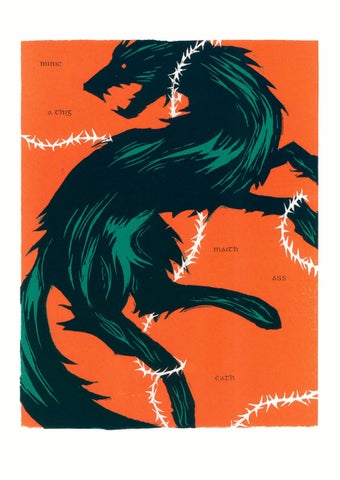 Drawing of black wolf with teeth bared and white barbed wire around it's legs, against orange background.
