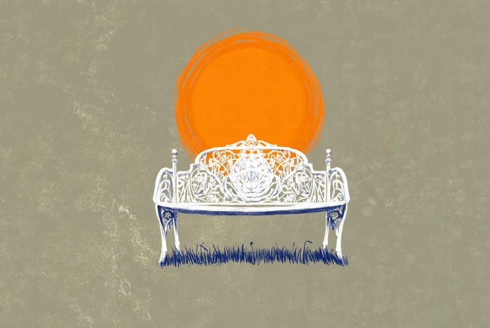 An illustrative poster for the play, Meredith, featuring a white park bench against a large orange sun and grey background.