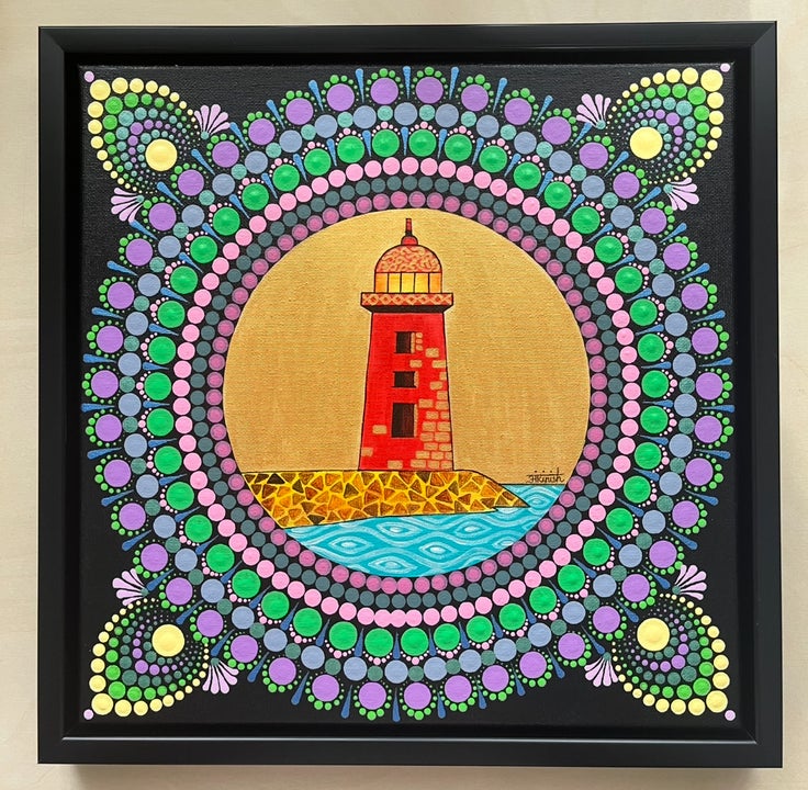 This acrylic painting on canvas features Dublin’s iconic Poolbeg Lighthouse set against a warm golden sky with dot mandala detail.  By AnkiNish Creations