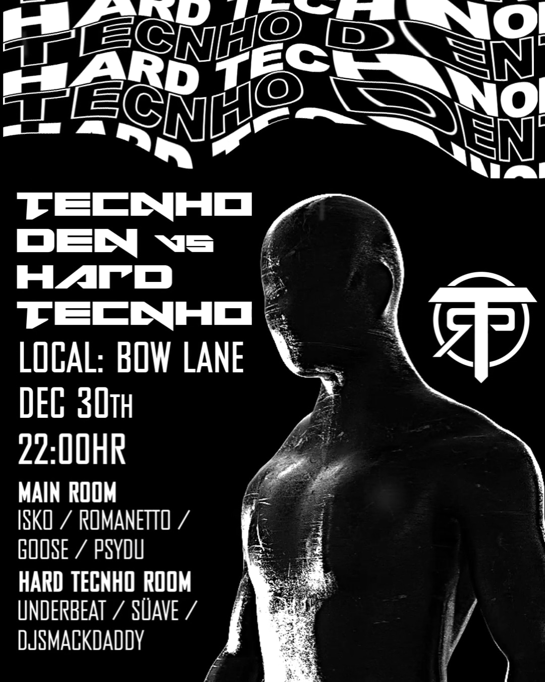 Techno flyer of party going on on the 30th of December 2023