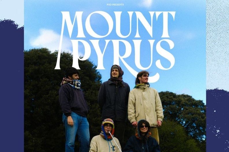 Dublin based musicians, Mount Pyrus - a group of 5 people, 2 seated at the front on grass, the others standing behind
