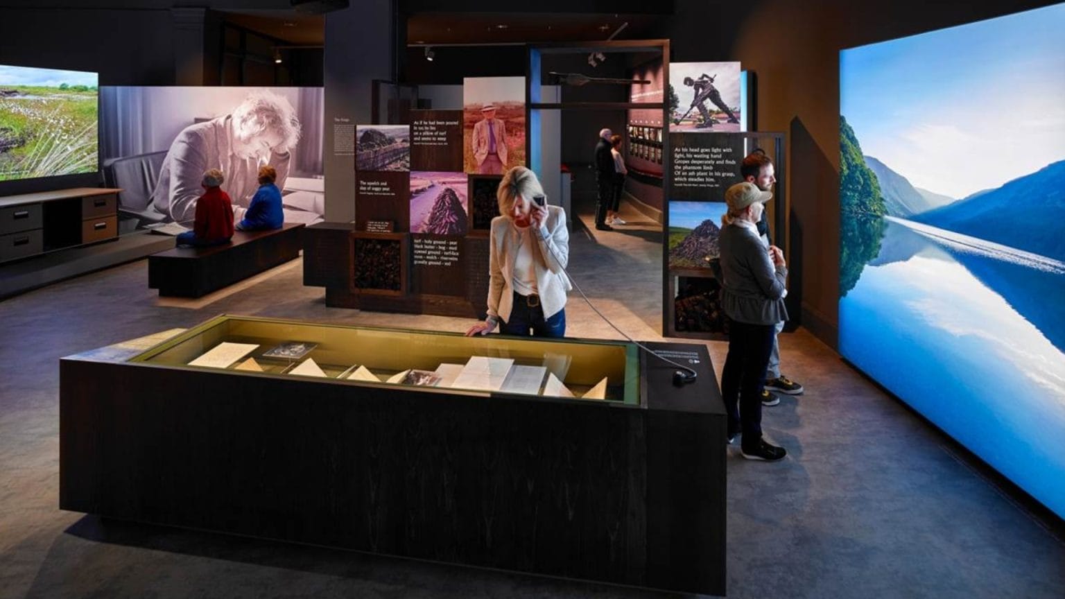 Listen Now Again: A Mindfulness Tour of Seamus Heaney. Inside a dark exhibition room, 5 people are looking at various exhibits.