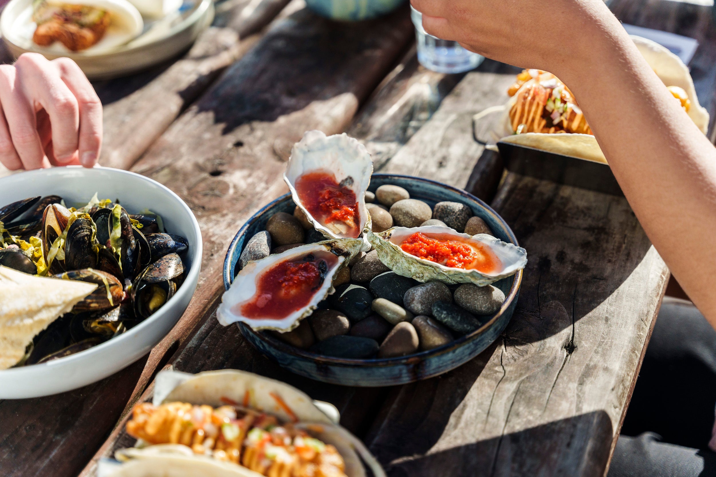 Picnic table full of seafood.