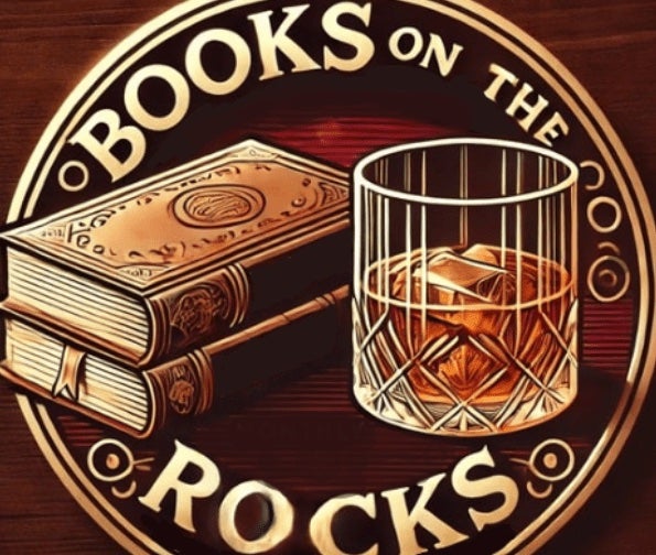 Drawing in browns and orange of 2 books and a glass of whiskey with text in a circle.