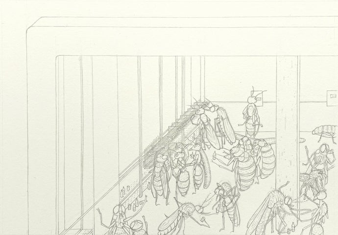 A pencil drawing on cream paper depicts a screen. On the screen is CCTV footage of a crowd of flies talking and drinking at an exhibition opening.