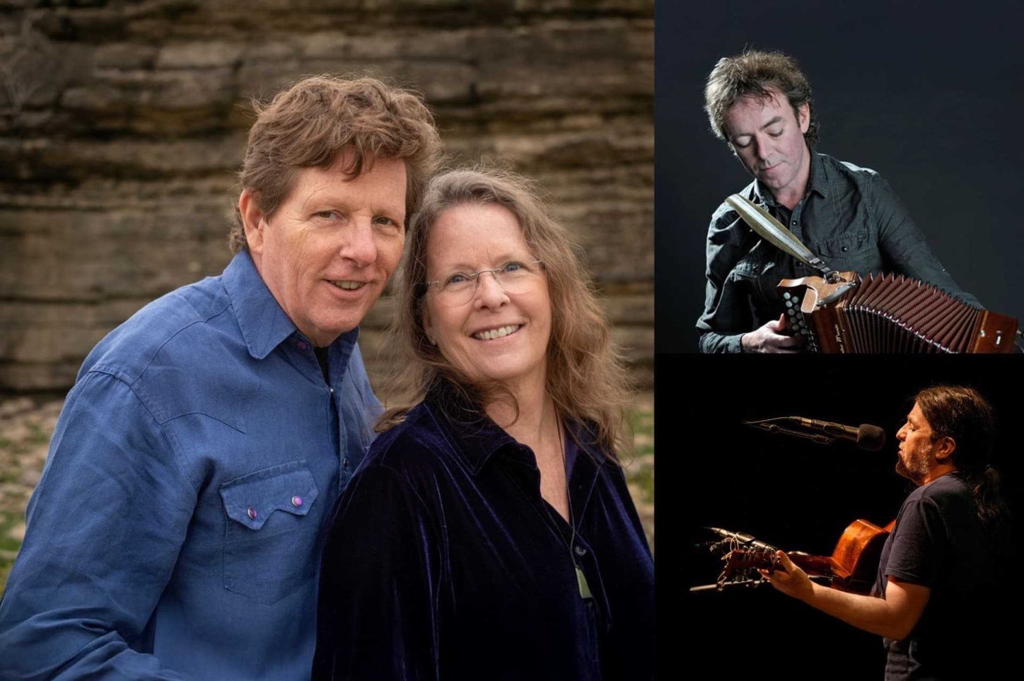 Larger photo of man and woman smiling, with smaller separate photos of men playing musical instruments